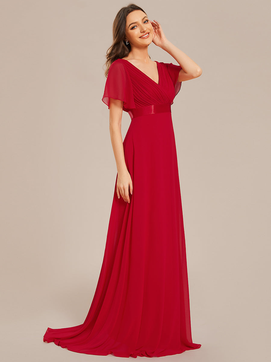 Color=Vermilion | Glamorous Pretty Double V-Neck Ruffles Padded Wholesale Evening Dresses-Vermilion 2