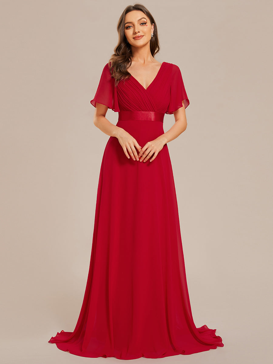 Color=Vermilion | Glamorous Pretty Double V-Neck Ruffles Padded Wholesale Evening Dresses-Vermilion 1