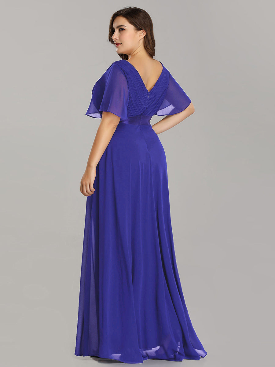 Double V-Neck Ruffles Padded Plus Size Wholesale Evening Dresses #Color_Sapphire Blue