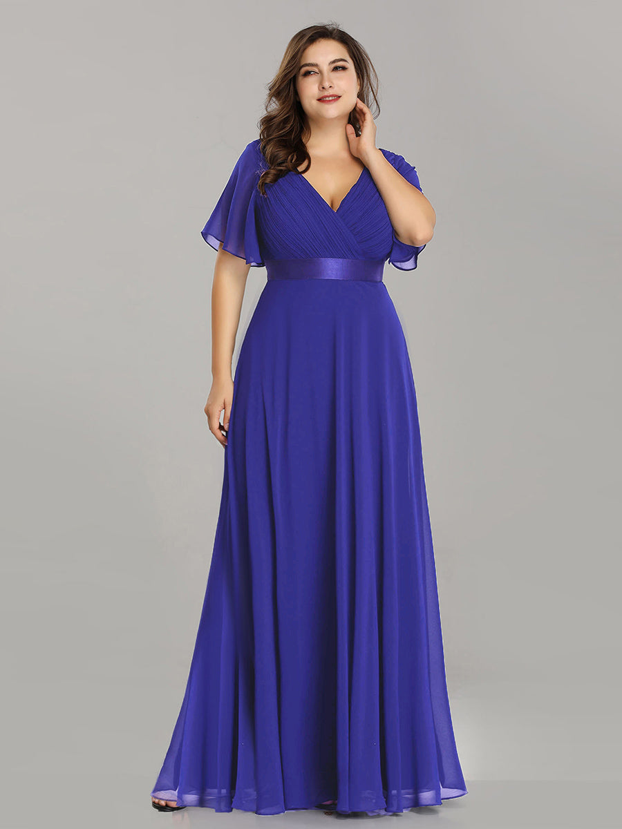 Double V-Neck Ruffles Padded Plus Size Wholesale Evening Dresses #Color_Sapphire Blue