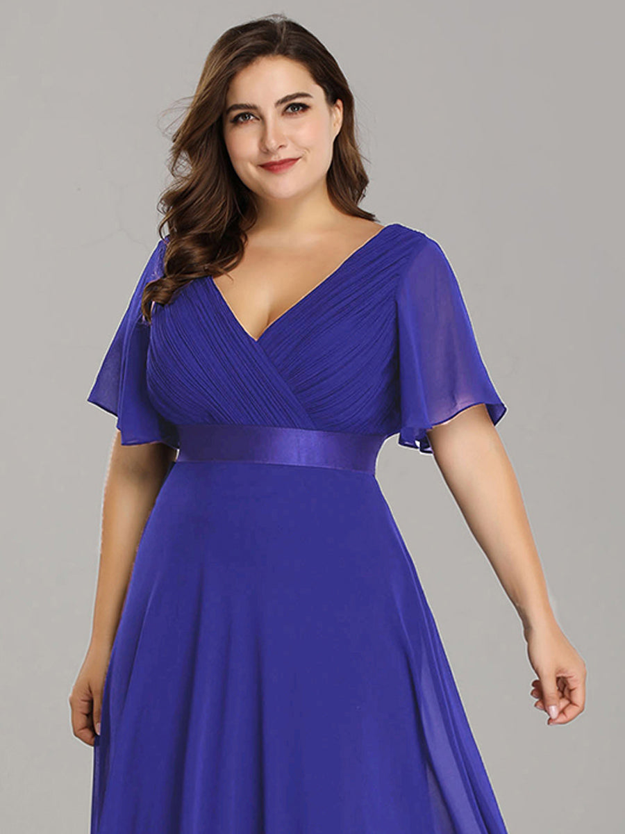 Double V-Neck Ruffles Padded Plus Size Wholesale Evening Dresses #Color_Sapphire Blue
