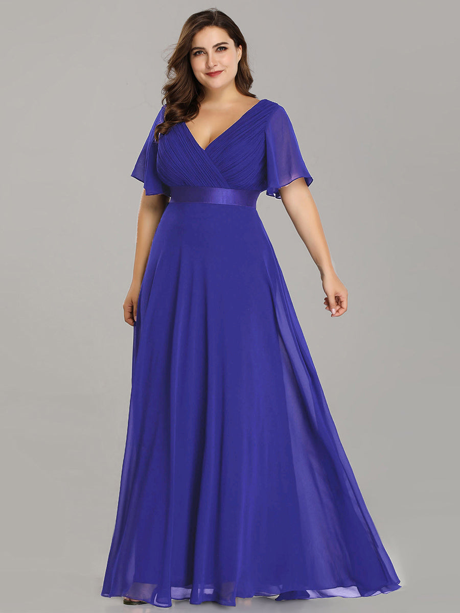 Double V-Neck Ruffles Padded Plus Size Wholesale Evening Dresses #Color_Sapphire Blue