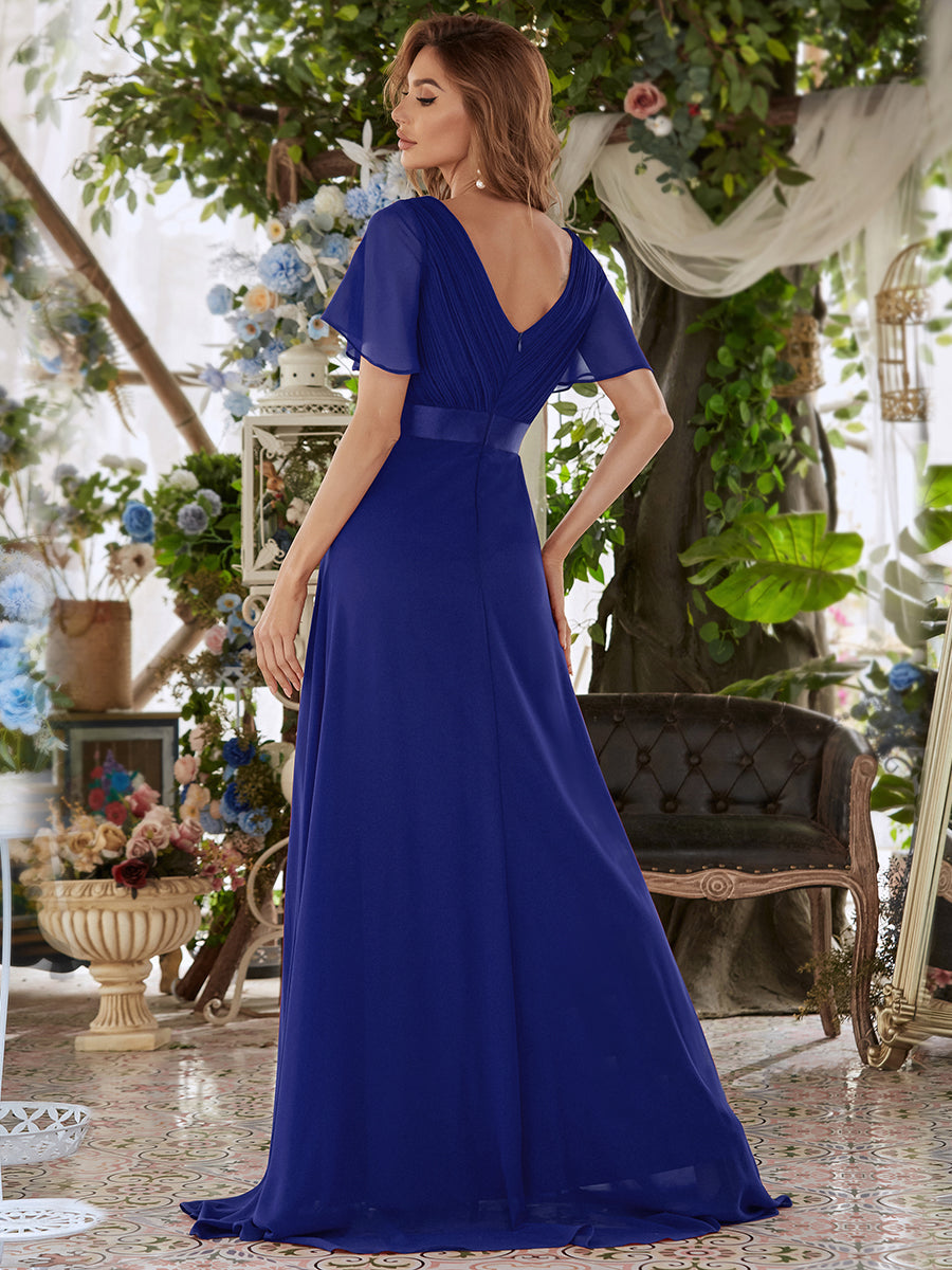 Glamorous Double V-Neck Ruffles Padded Wholesale Chiffon Evening Dresses #Color_Sapphire Blue