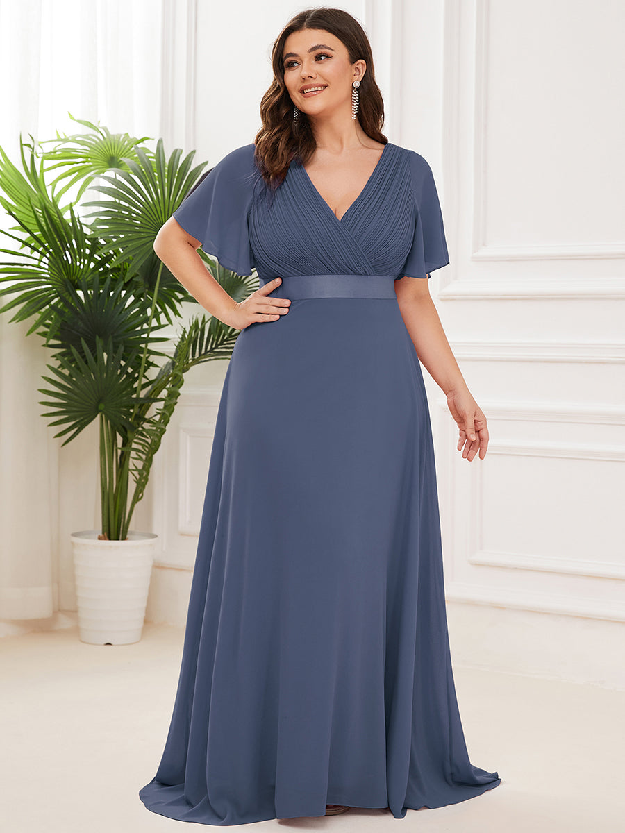 Glamorous Double V-Neck Ruffles Padded Plus Size Evening Dresses #Color_Stormy