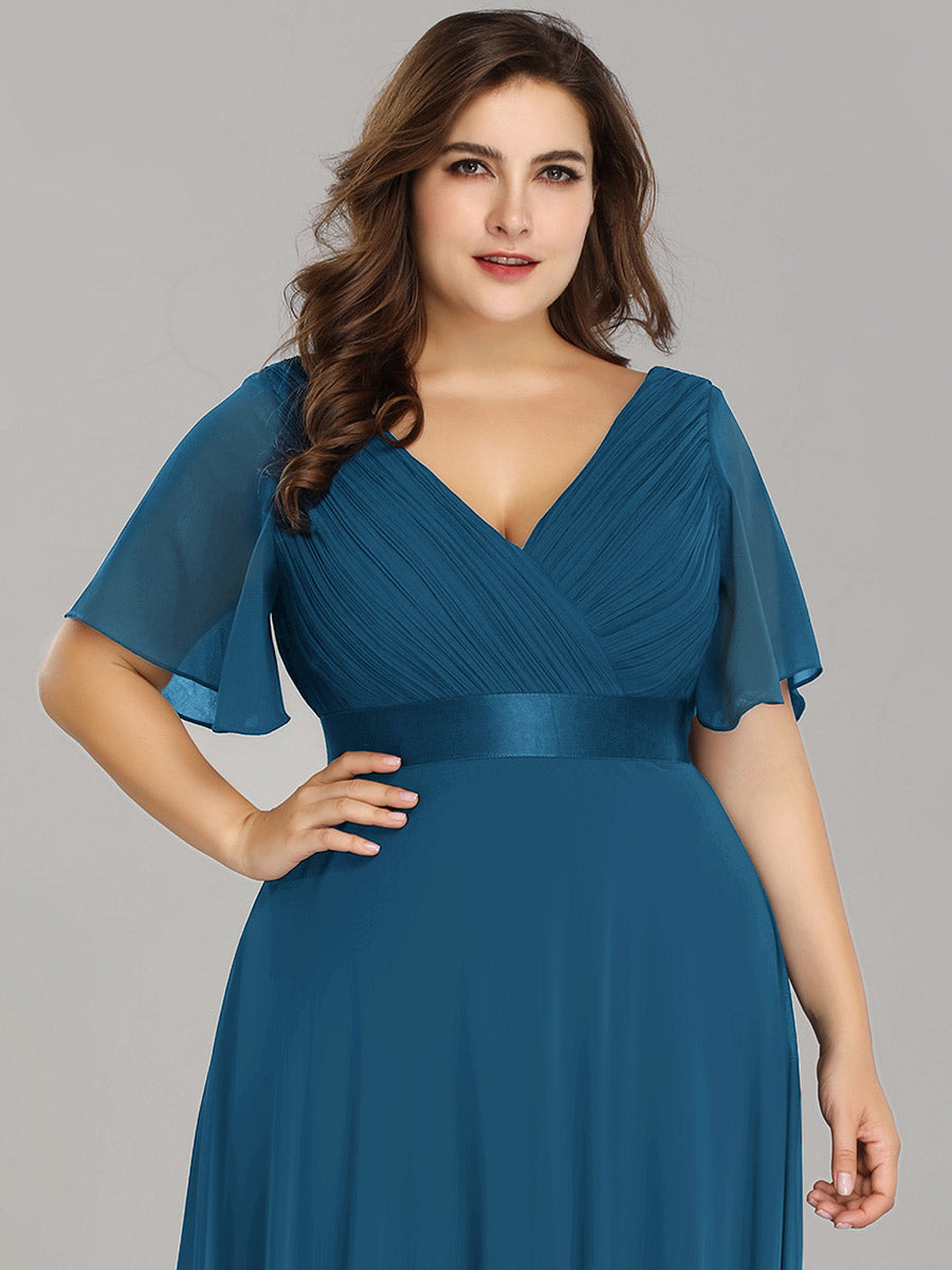Double V-Neck Ruffles Padded Plus Size Wholesale Evening Dresses #Color_Teal
