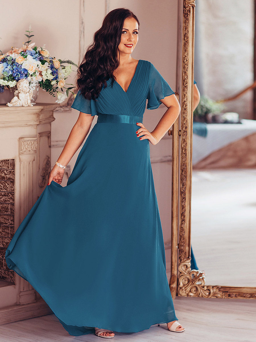Double V-Neck Ruffles Padded Plus Size Wholesale Evening Dresses #Color_Teal