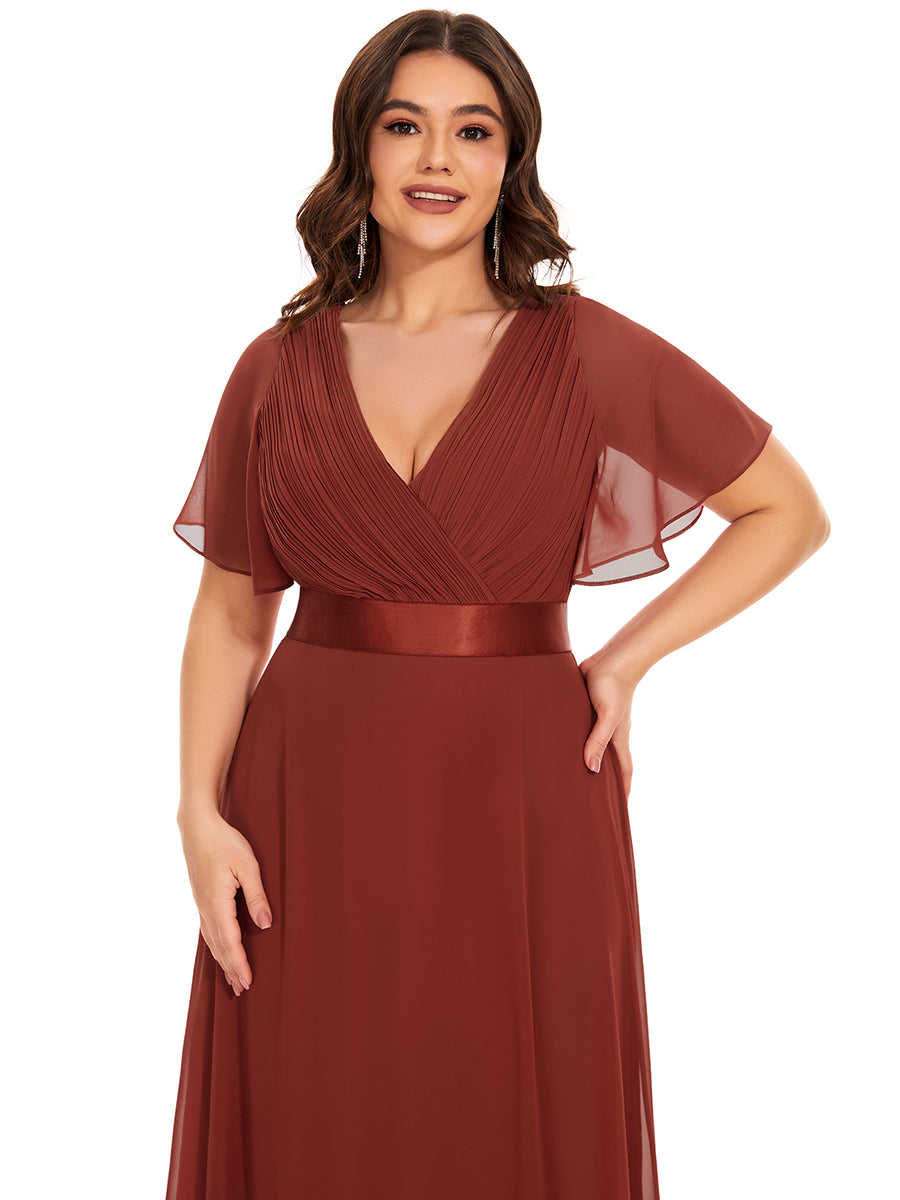 Color=Vermilion | Glamorous Double V-Neck Ruffles Padded Plus Size Evening Dresses-Vermilion 5