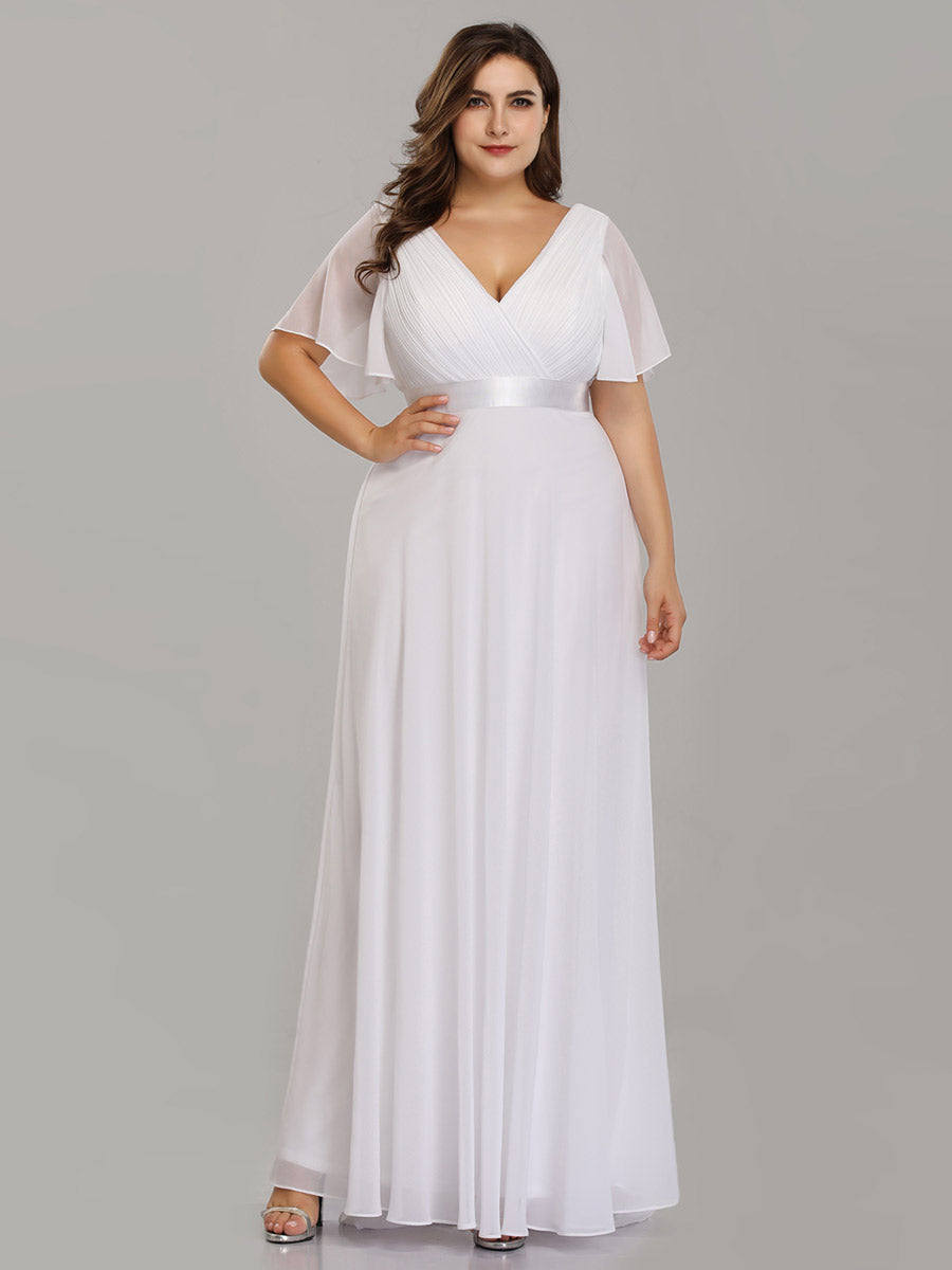 Double V-Neck Ruffles Padded Plus Size Wholesale Evening Dresses #Color_White 