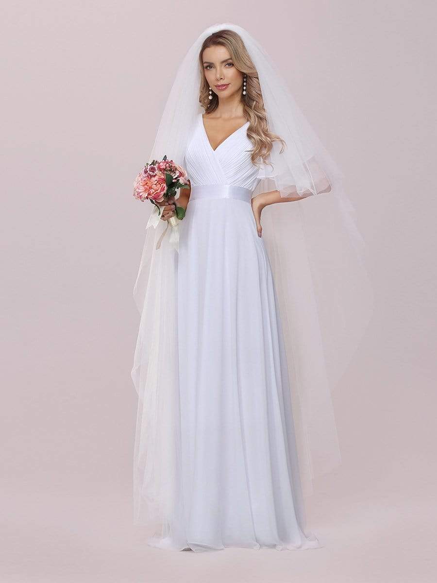 Color=White | Minimalist A-Line Maxi Chiffon Wedding Dress With Satin Belt-White 4