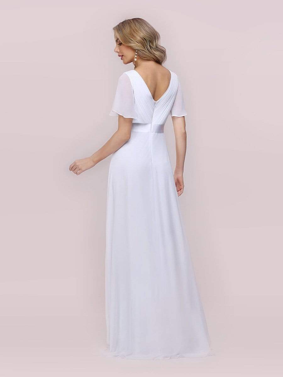 Color=White | Minimalist A-Line Maxi Chiffon Wedding Dress With Satin Belt-White 5