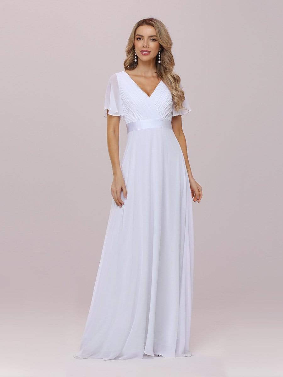 Color=White | Minimalist A-Line Maxi Chiffon Wedding Dress With Satin Belt-White 7