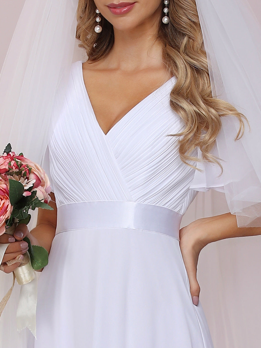 Double V-Neck Ruffles Padded Plus Size Wholesale Evening Dresses #Color_White