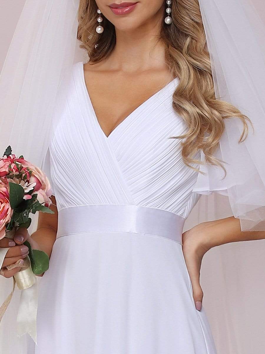 Color=White | Minimalist A-Line Maxi Chiffon Wedding Dress With Satin Belt-White 8