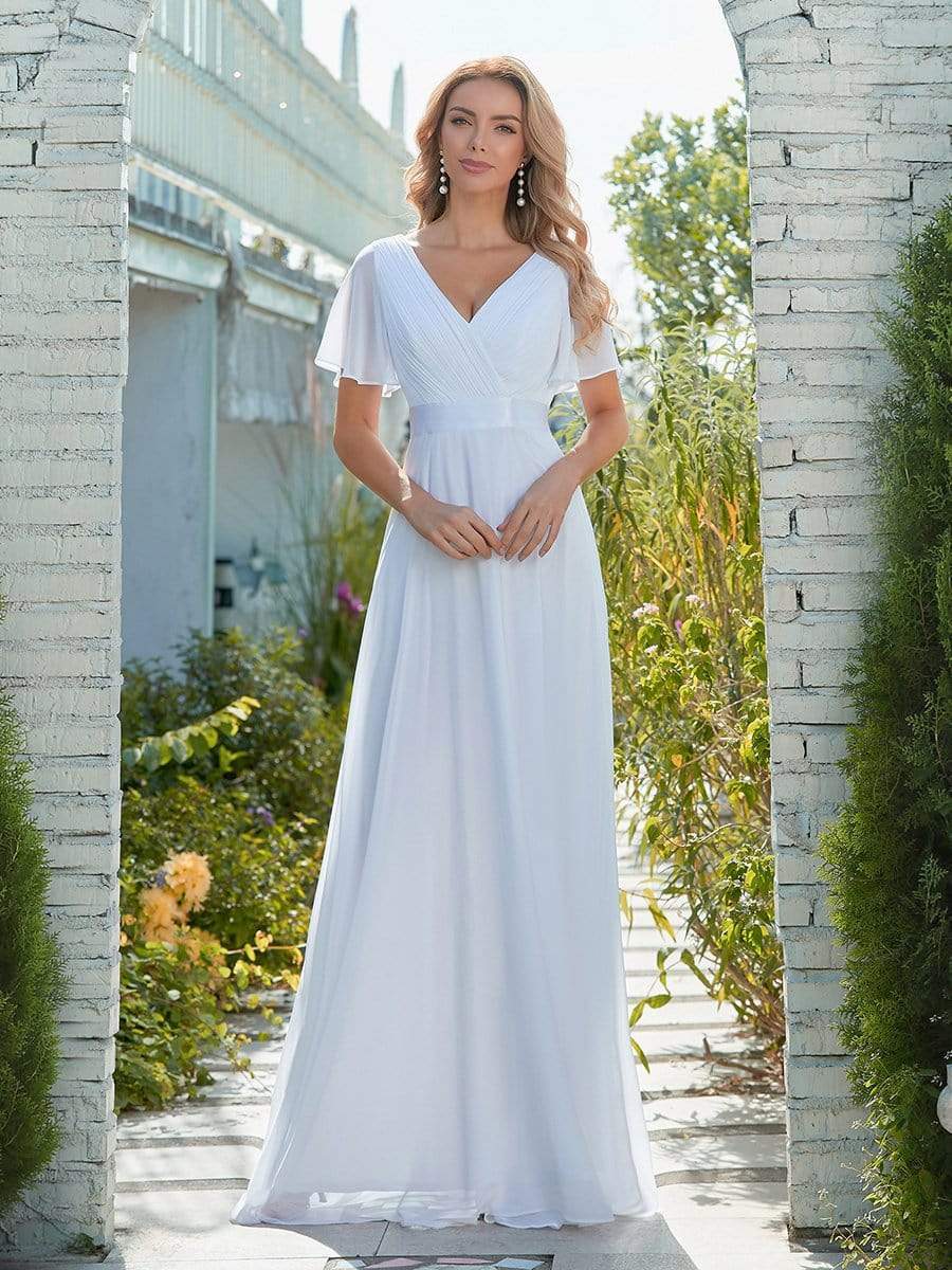 Simple White Chiffon Sleeveless Long Wedding Dress – Dreamdressy