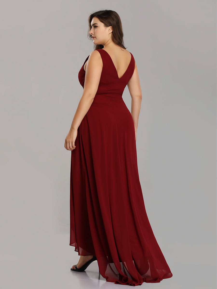 Color=Burgundy | E4Wholesale Plus Size Double V Neck Rhinestones Ruched Bust High Low Evening Dresses Ep09983-Burgundy 2