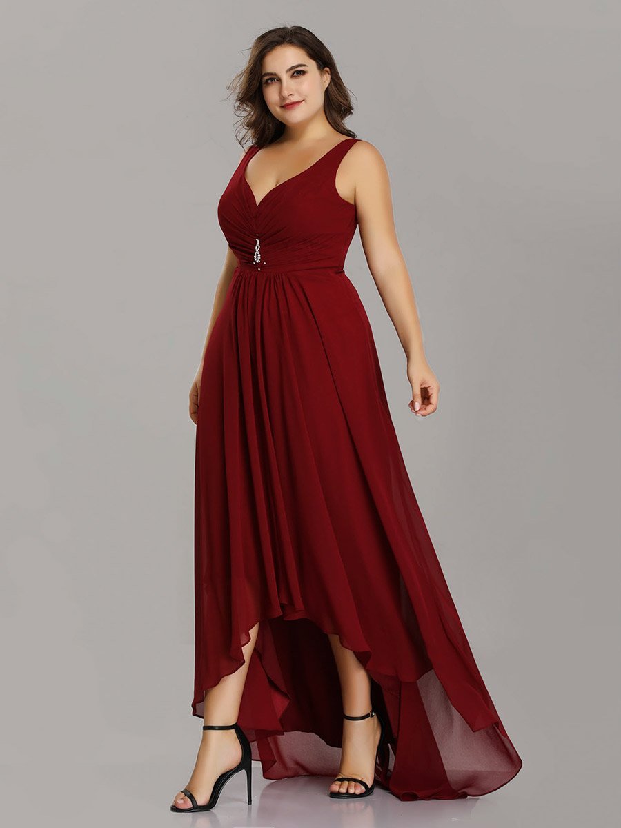 Color=Burgundy | E4Wholesale Plus Size Double V Neck Rhinestones Ruched Bust High Low Evening Dresses Ep09983-Burgundy 3