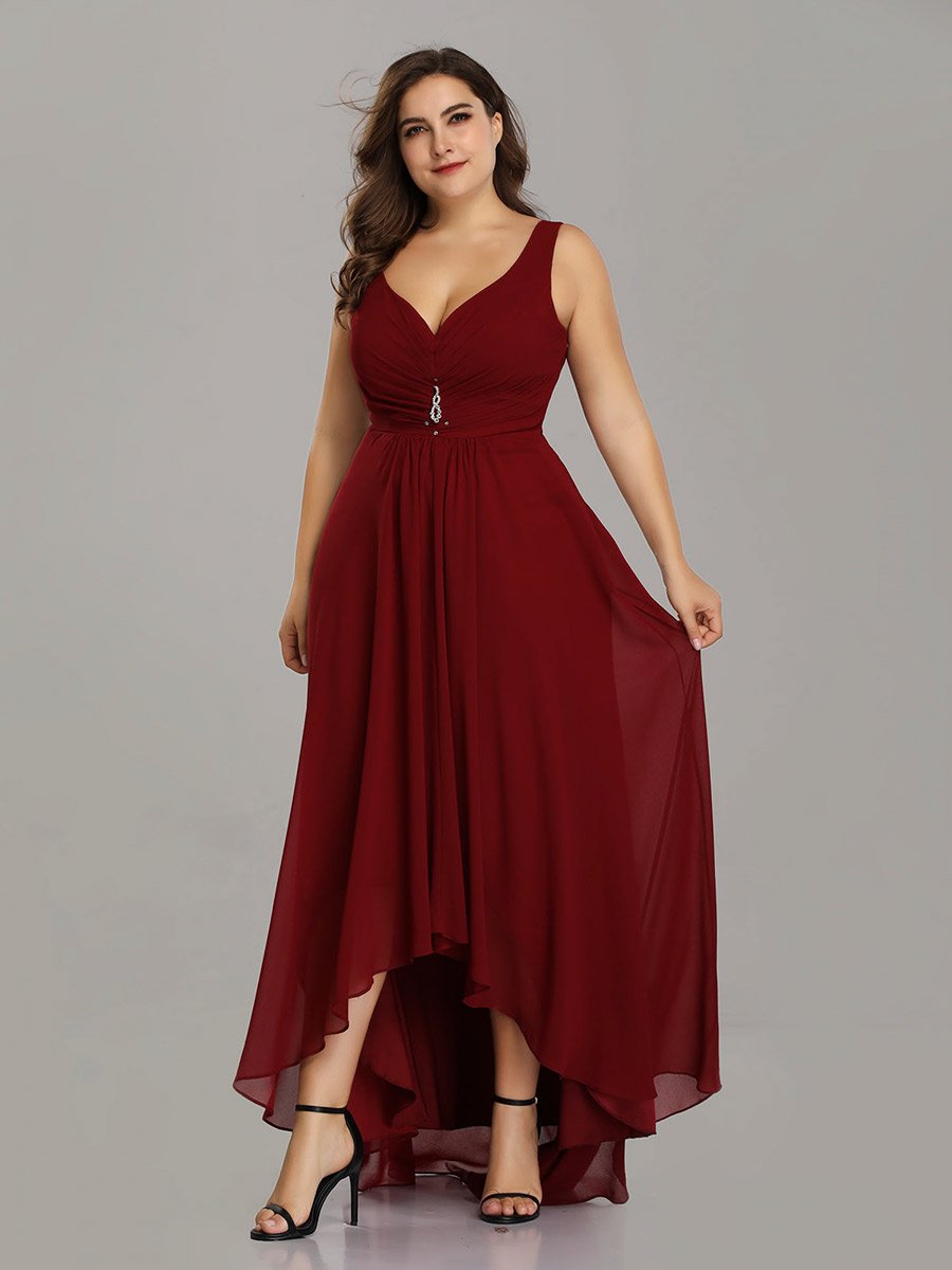 Color=Burgundy | E4Wholesale Plus Size Double V Neck Rhinestones Ruched Bust High Low Evening Dresses Ep09983-Burgundy 4