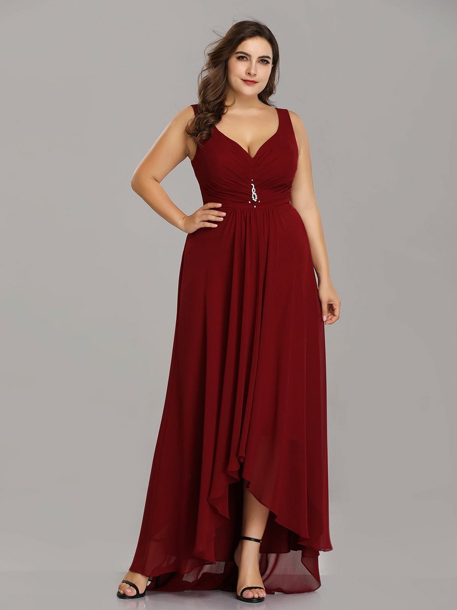 Color=Burgundy | E4Wholesale Plus Size Double V Neck Rhinestones Ruched Bust High Low Evening Dresses Ep09983-Burgundy 1