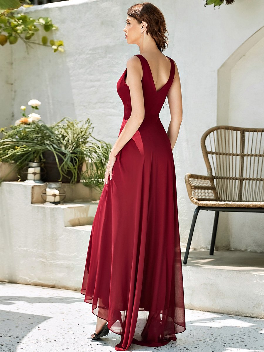 COLOR=Burgundy | V-Neck High-Low Evening Dress-Burgundy 3