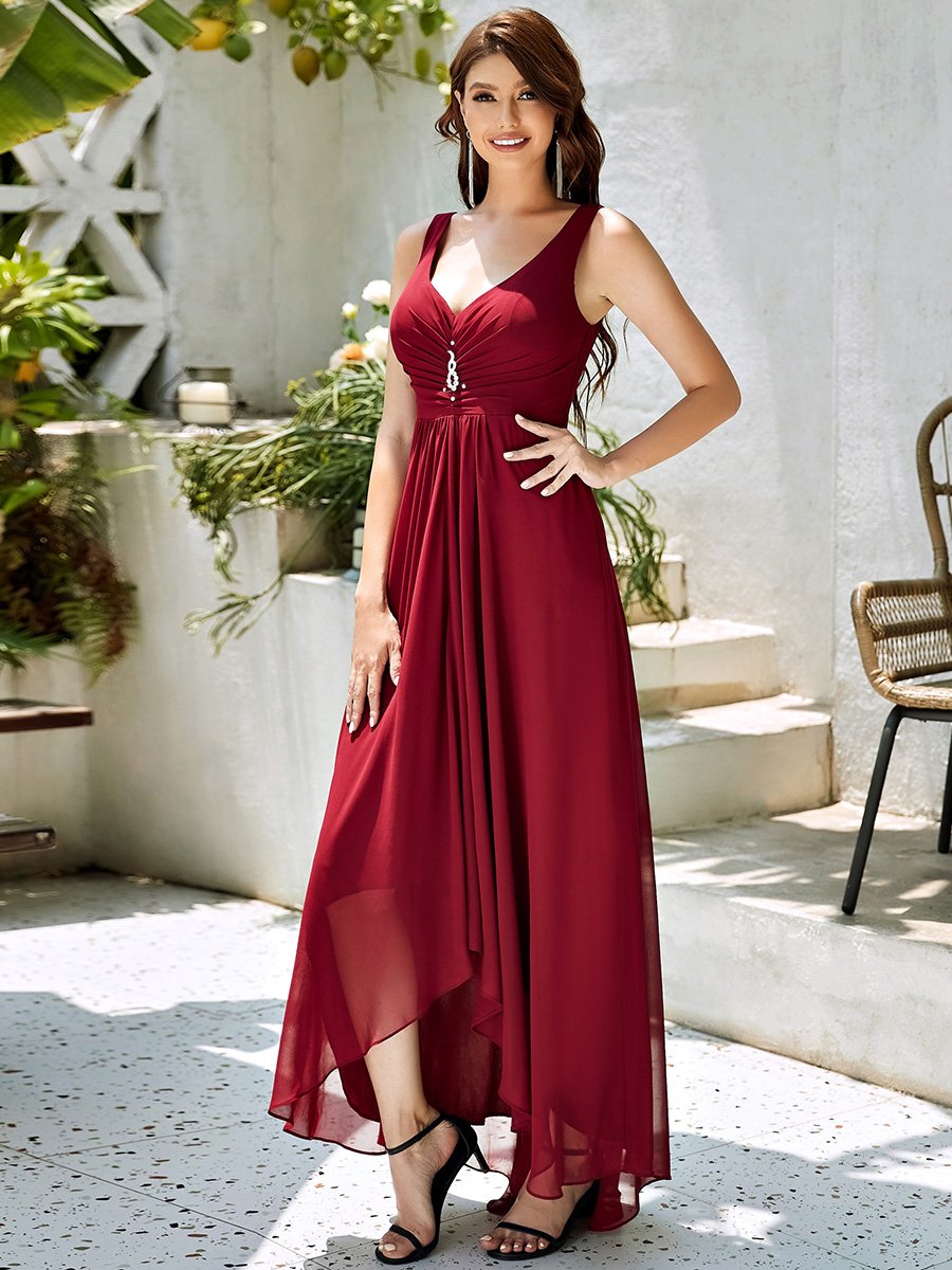 COLOR=Burgundy | V-Neck High-Low Evening Dress-Burgundy 2