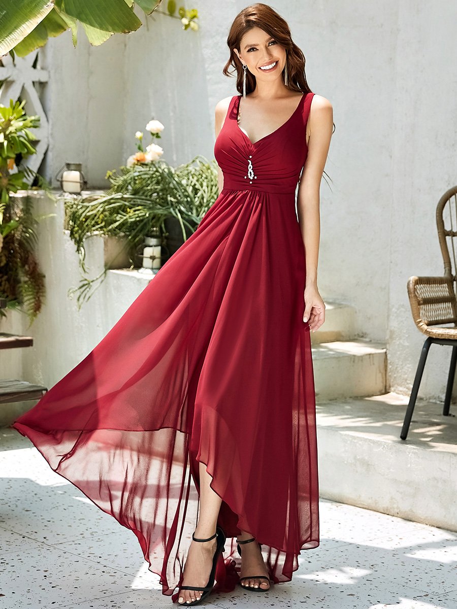 COLOR=Burgundy | V-Neck High-Low Evening Dress-Burgundy 4