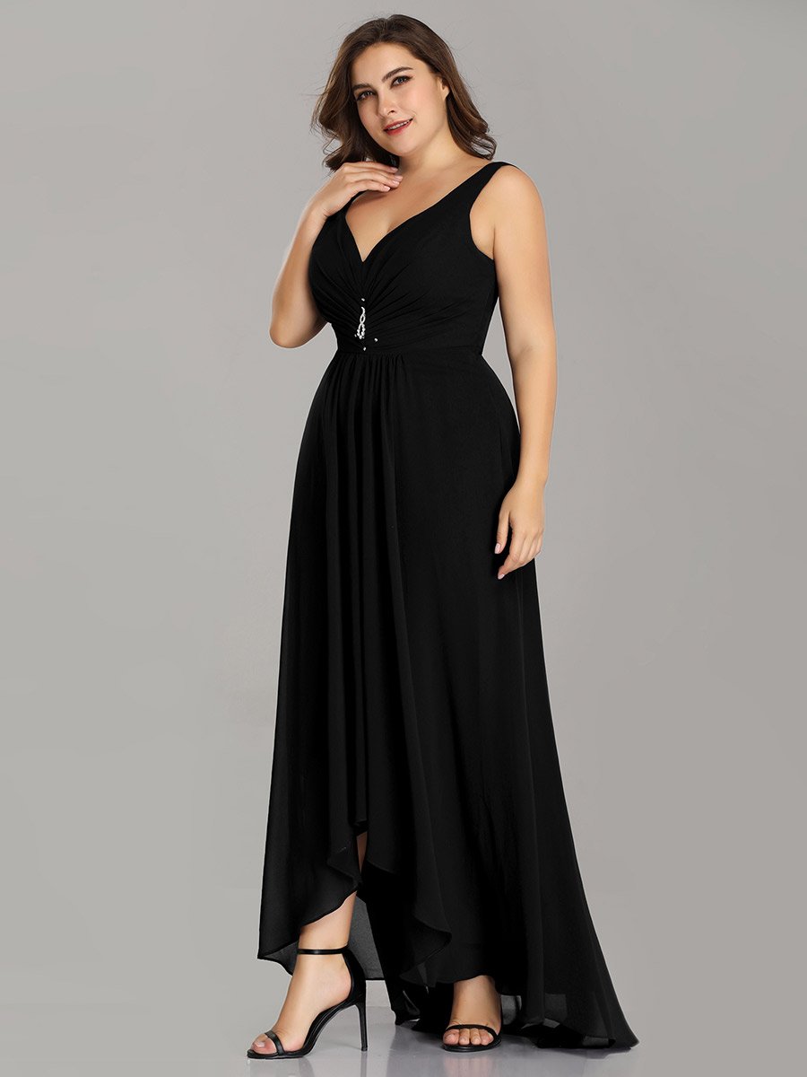 Color=Black | E4Wholesale Plus Size Double V Neck Rhinestones Ruched Bust High Low Evening Dresses Ep09983-Black 3