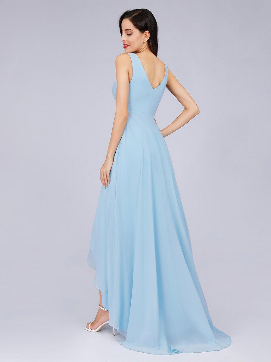 Color=Sky Blue | E4Wholesale Double V Neck Rhinestones Ruched Bust High Low Evening Dresses Ep09983-Sky Blue 2