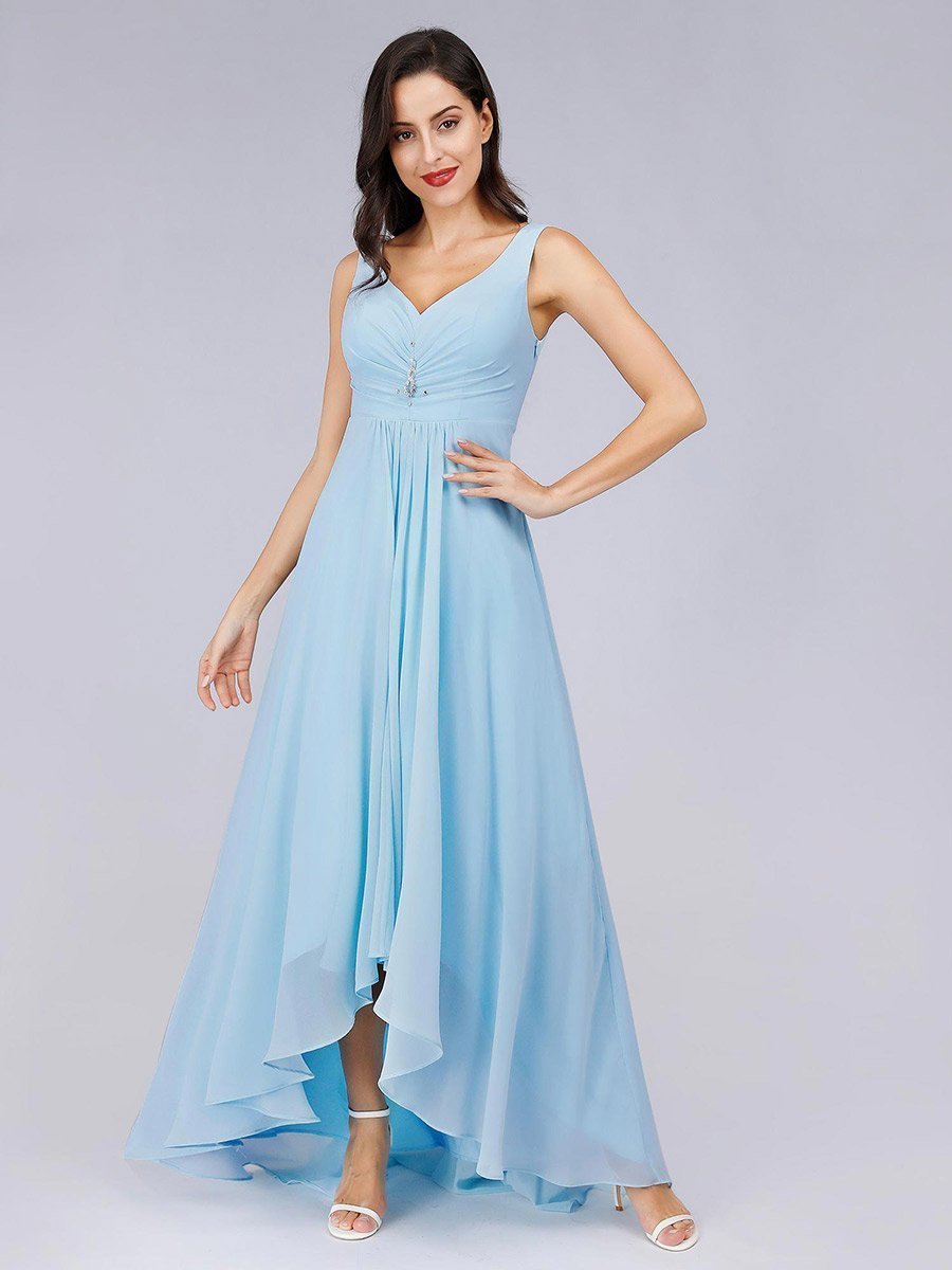 Color=Sky Blue | E4Wholesale Double V Neck Rhinestones Ruched Bust High Low Evening Dresses Ep09983-Sky Blue 1