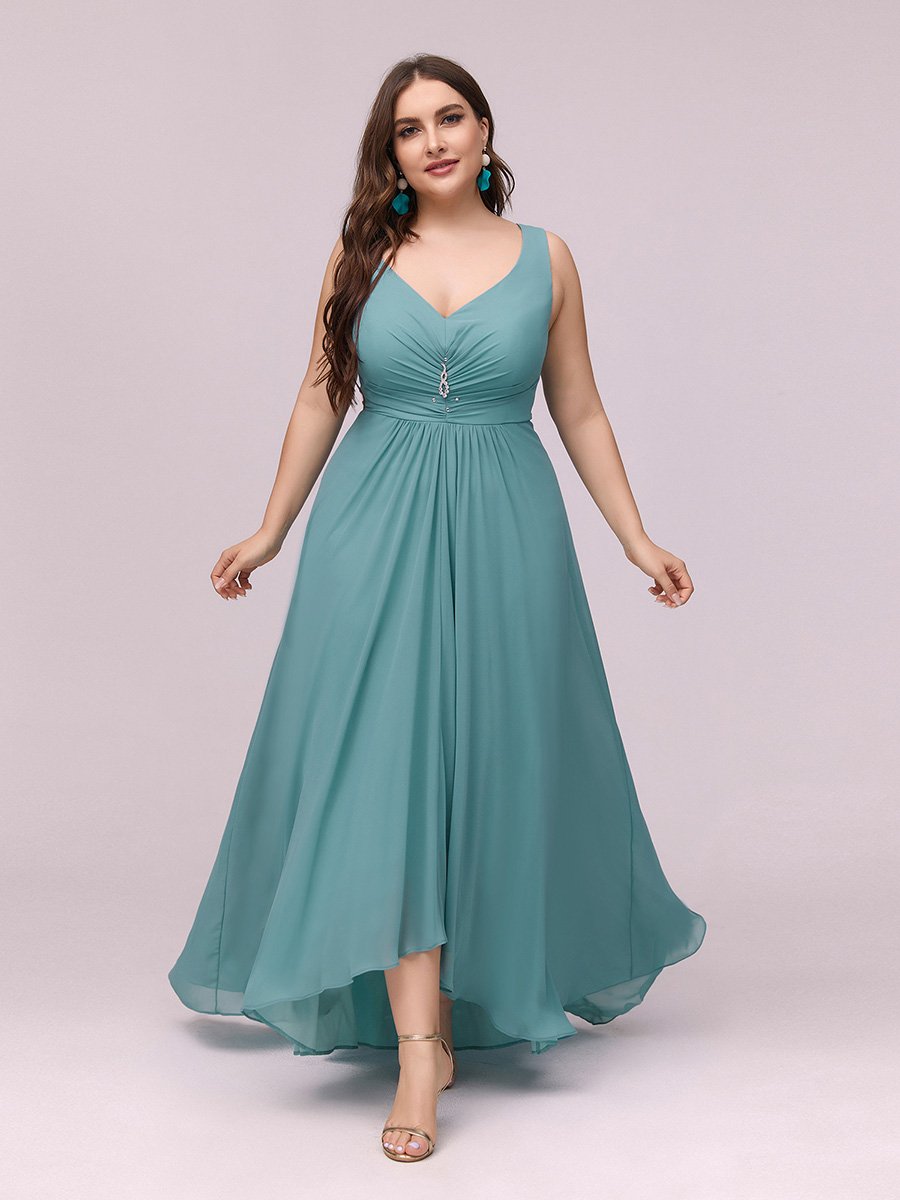 COLOR=Dusty Blue | V-Neck High-Low Evening Dress-Dusty Blue 1