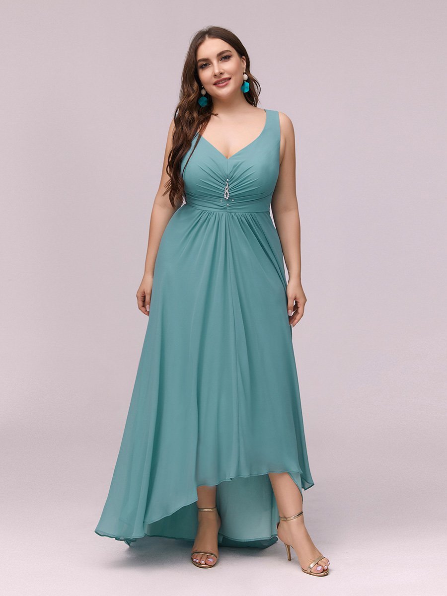 COLOR=Dusty Blue | V-Neck High-Low Evening Dress-Dusty Blue 3
