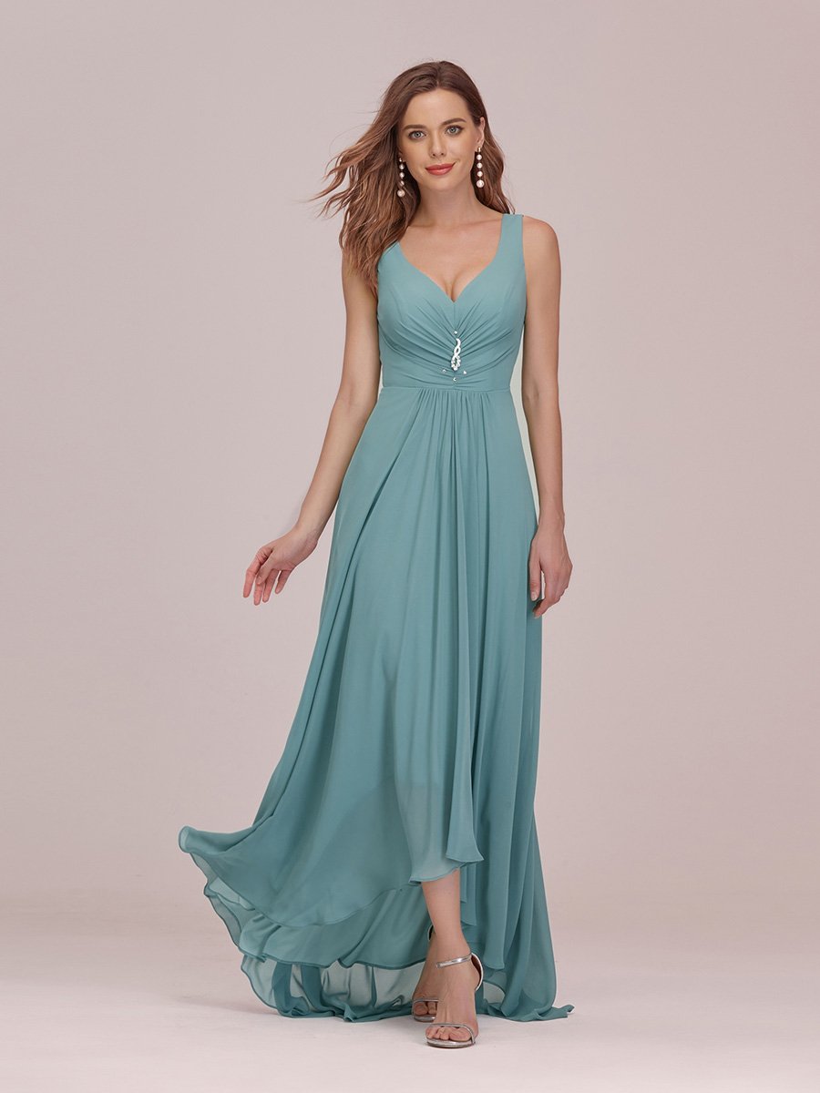 COLOR=Dusty BlueV-Neck High-Low Evening Dress-Dusty Blue 1
