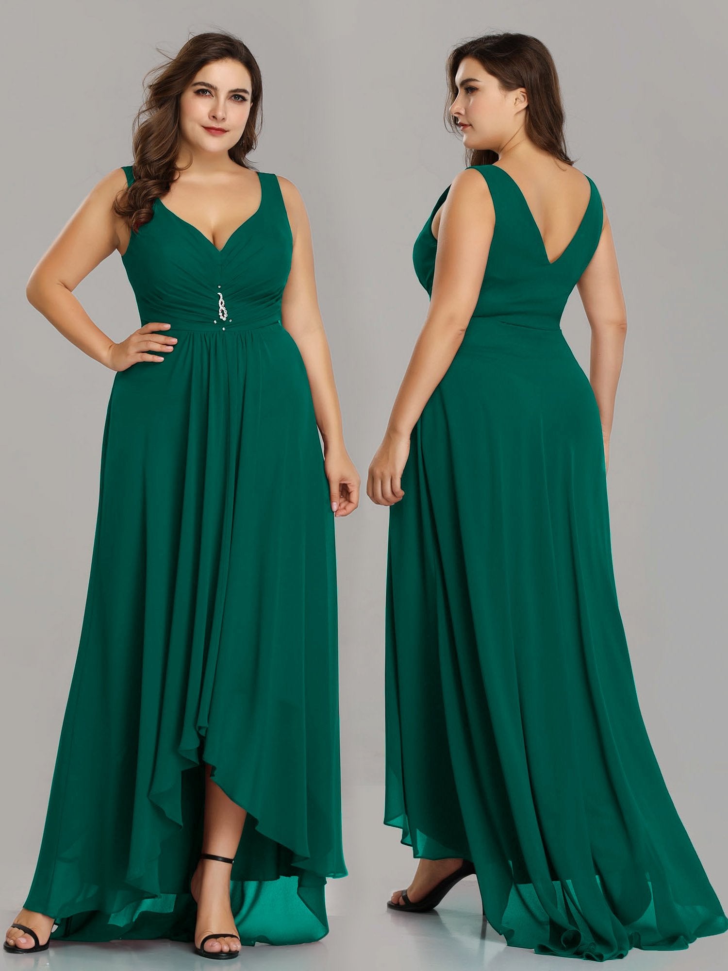 Color=Dark Green | Double V Neck Rhinestones Ruched Bust High Low Evening Dresses-Dark Green 5