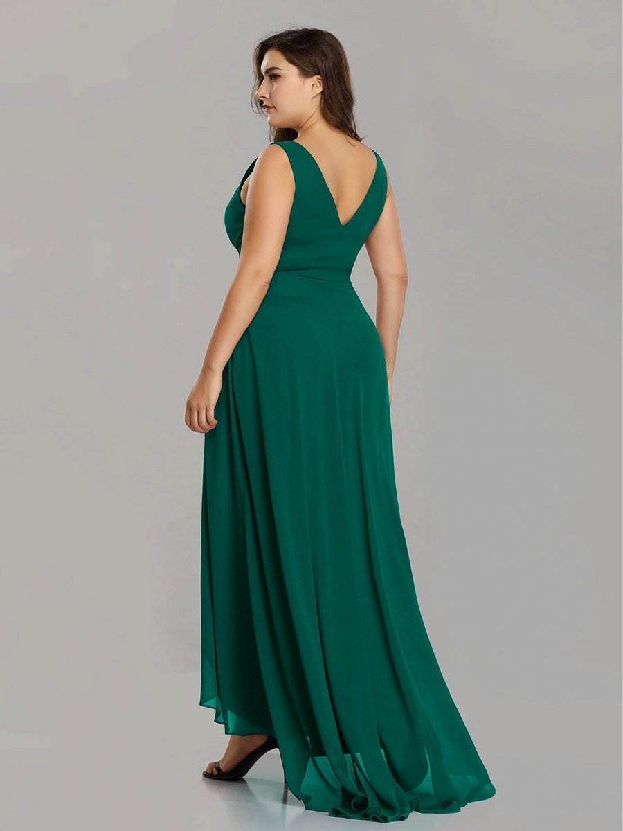 Color=Dark Green | E4Wholesale Plus Size Double V Neck Rhinestones Ruched Bust High Low Evening Dresses Ep09983-Dark Green 2