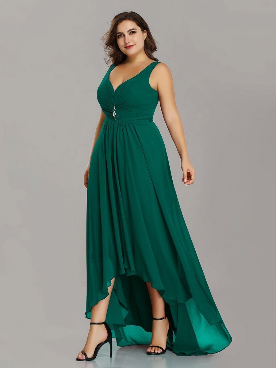 Color=Dark Green | E4Wholesale Plus Size Double V Neck Rhinestones Ruched Bust High Low Evening Dresses Ep09983-Dark Green 3