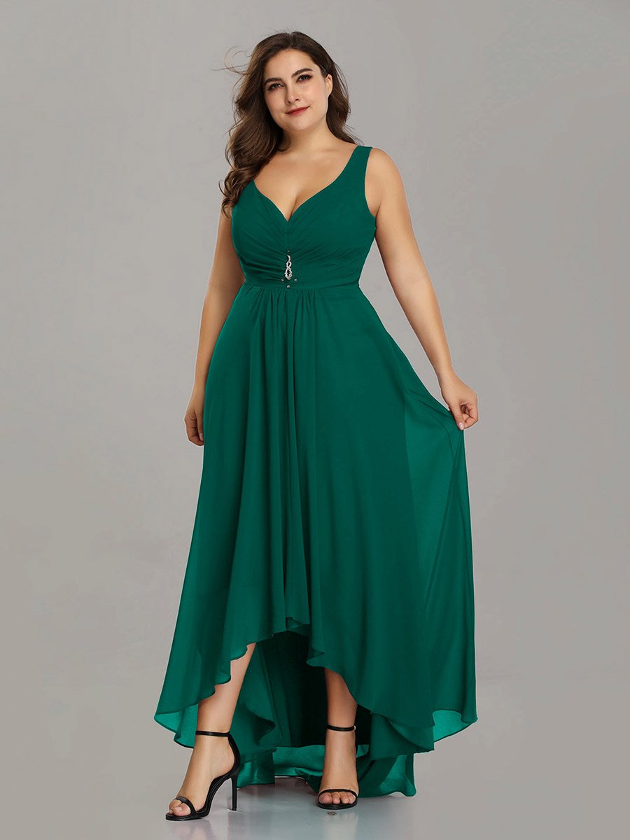 Color=Dark Green | E4Wholesale Plus Size Double V Neck Rhinestones Ruched Bust High Low Evening Dresses Ep09983-Dark Green 4
