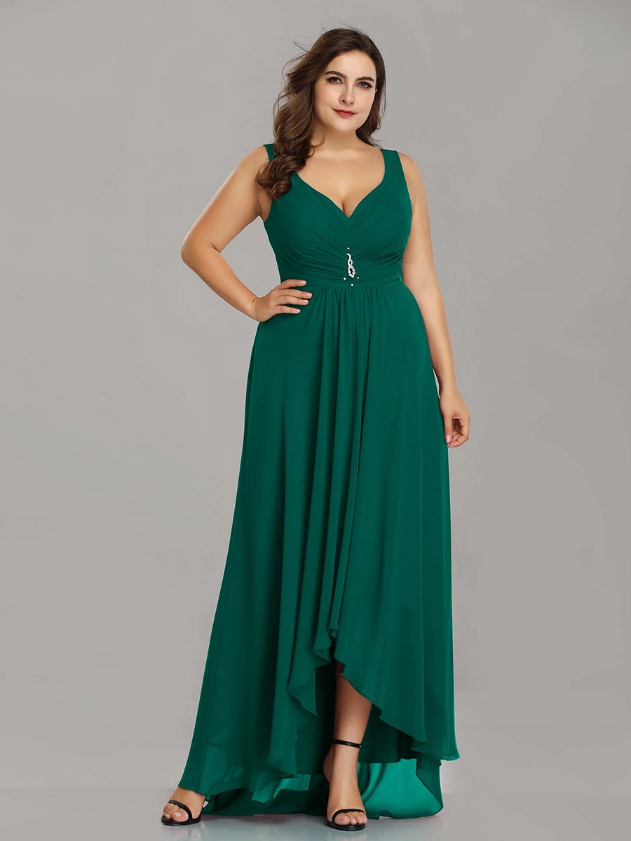 Color=Dark Green | E4Wholesale Plus Size Double V Neck Rhinestones Ruched Bust High Low Evening Dresses Ep09983-Dark Green 1