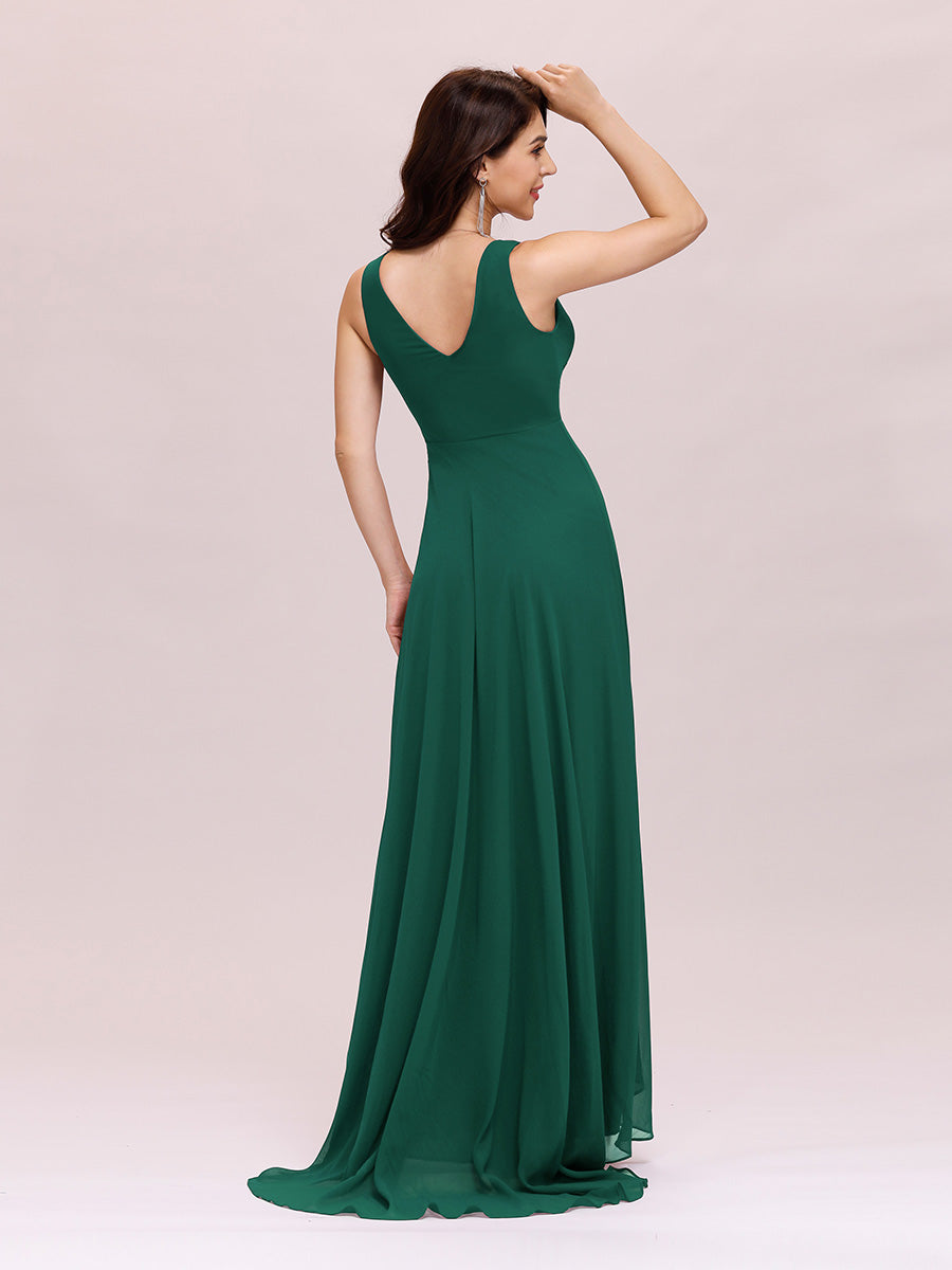 Color=Dark Green | Double V Neck Rhinestones Ruched Bust High Low Evening Dresses-Dark Green 2