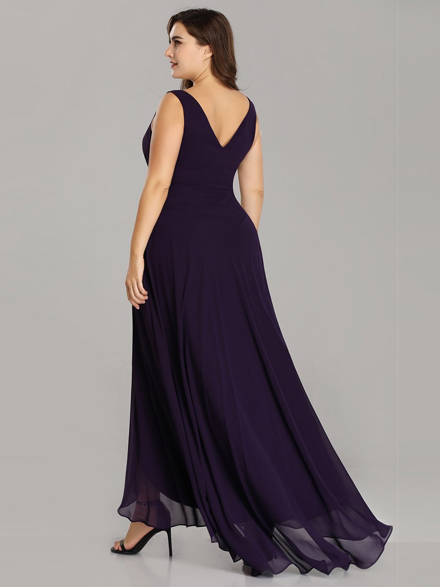Color=Dark Purple | E4Wholesale Plus Size Double V Neck Rhinestones Ruched Bust High Low Evening Dresses Ep09983-Dark Purple 2