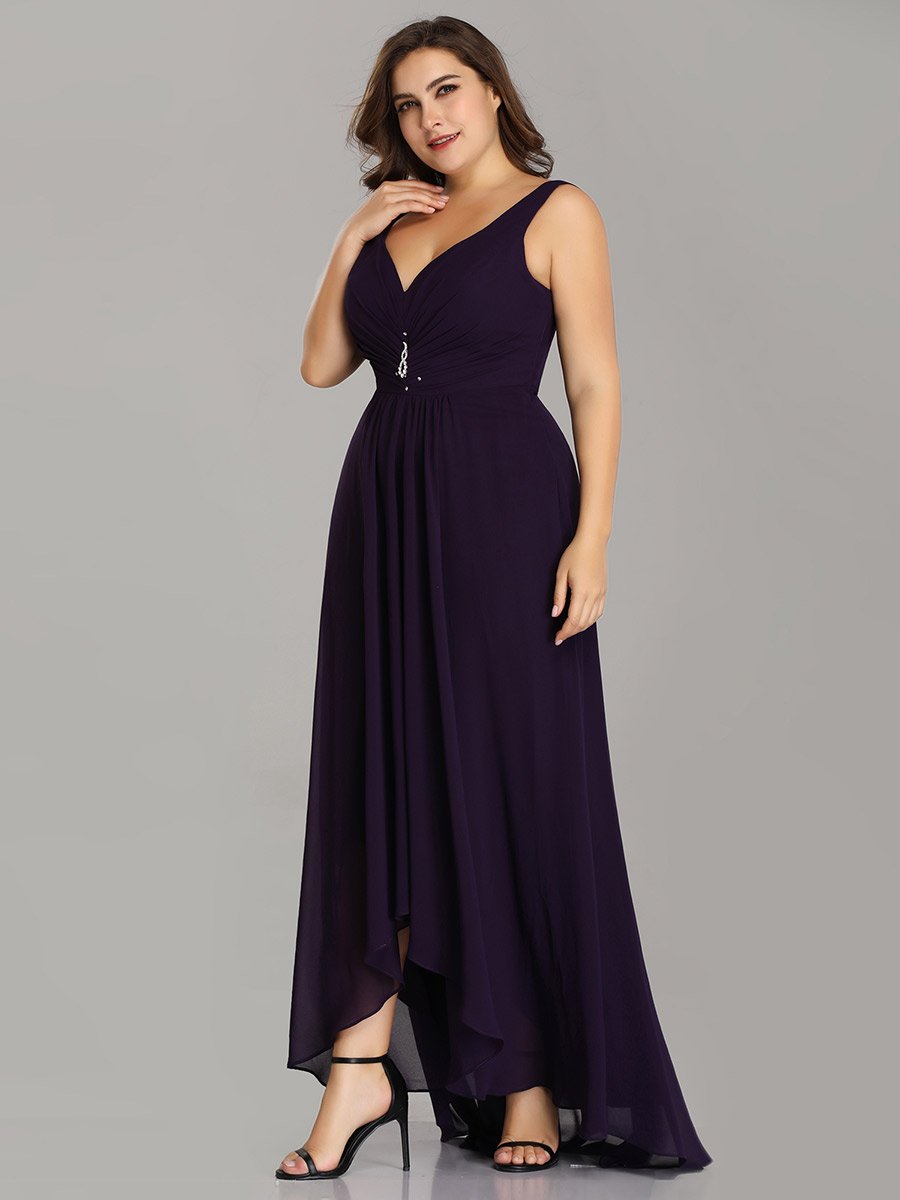 Color=Dark Purple | E4Wholesale Plus Size Double V Neck Rhinestones Ruched Bust High Low Evening Dresses Ep09983-Dark Purple 3