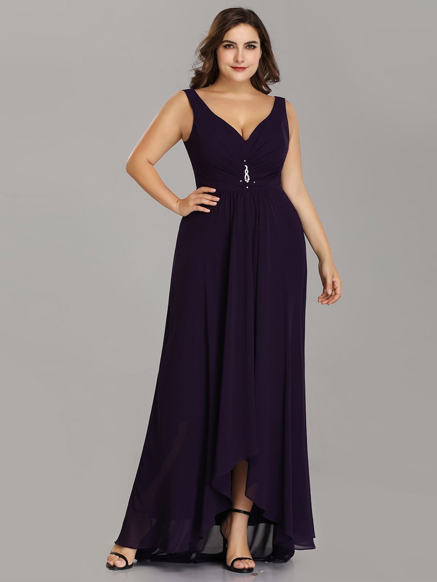 Color=Dark Purple | E4Wholesale Plus Size Double V Neck Rhinestones Ruched Bust High Low Evening Dresses Ep09983-Dark Purple 4