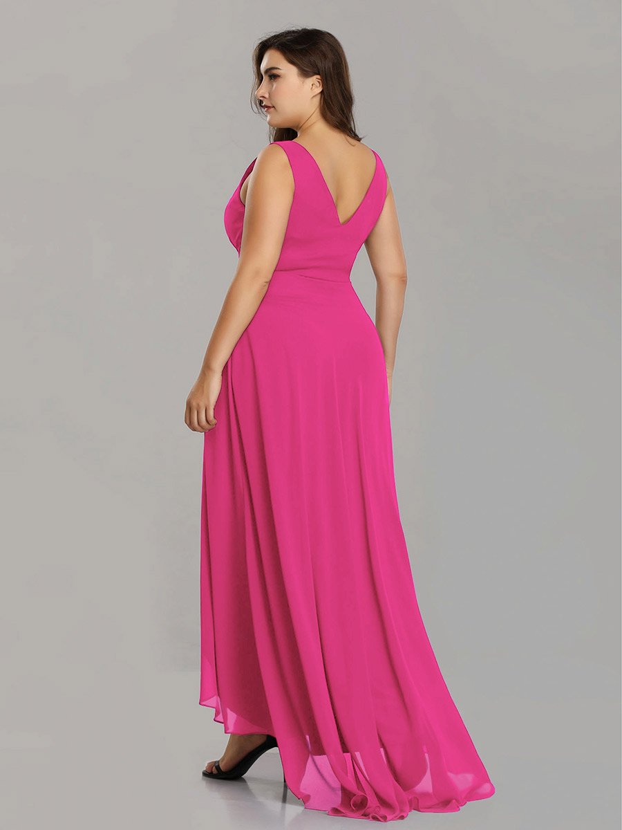 Color=Hot Pink | E4Wholesale Plus Size Double V Neck Rhinestones Ruched Bust High Low Evening Dresses Ep09983-Hot Pink 2
