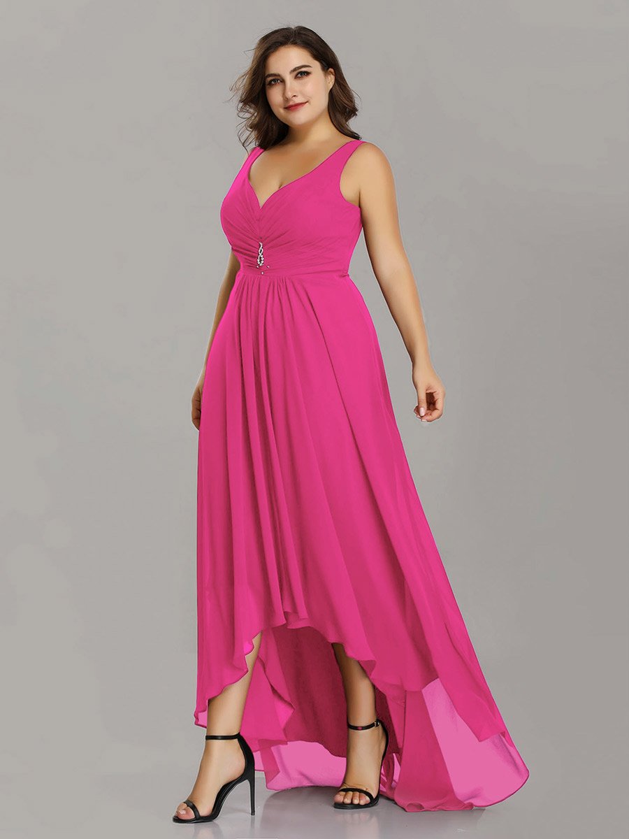 Color=Hot Pink | E4Wholesale Plus Size Double V Neck Rhinestones Ruched Bust High Low Evening Dresses Ep09983-Hot Pink 3