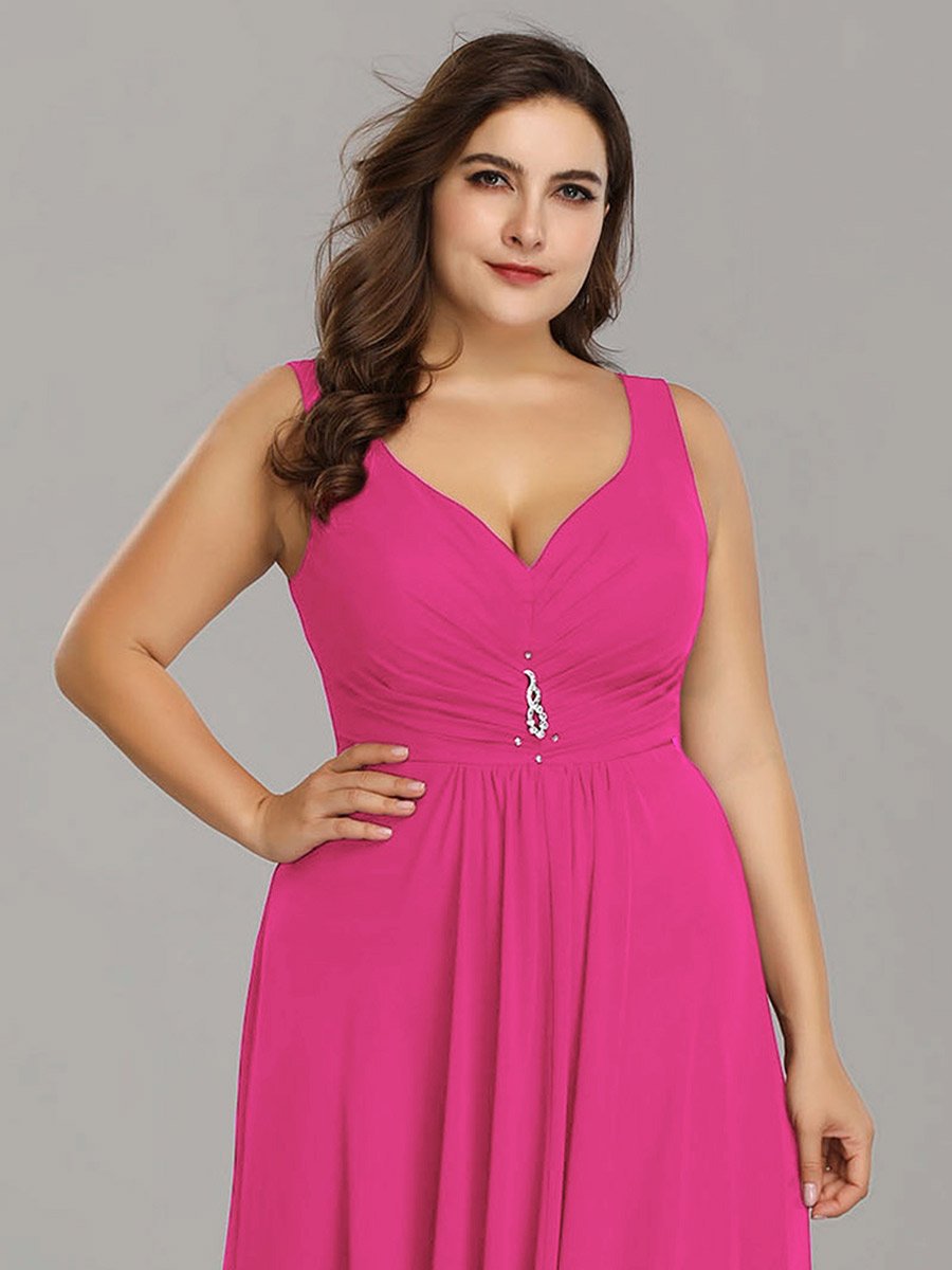 Color=Hot Pink | E4Wholesale Plus Size Double V Neck Rhinestones Ruched Bust High Low Evening Dresses Ep09983-Hot Pink 5