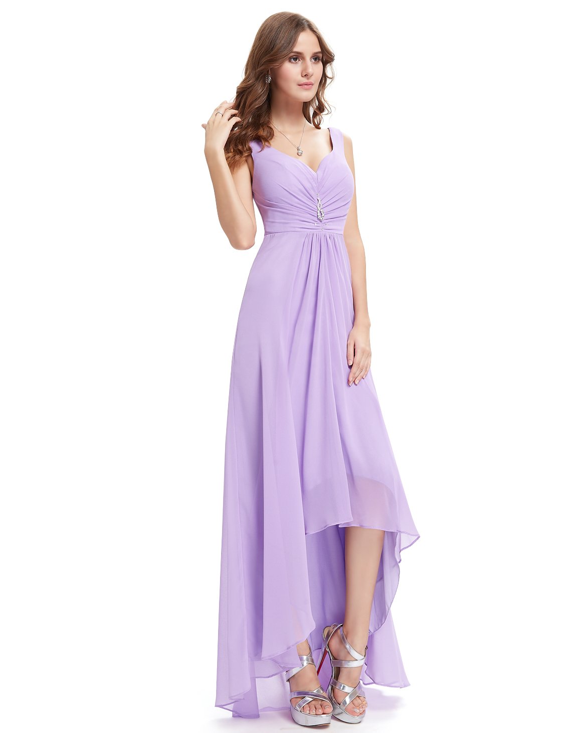 Color=Lavender | E4Wholesale Double V Neck Rhinestones Ruched Bust High Low Evening Dresses Ep09983-Lavender 1