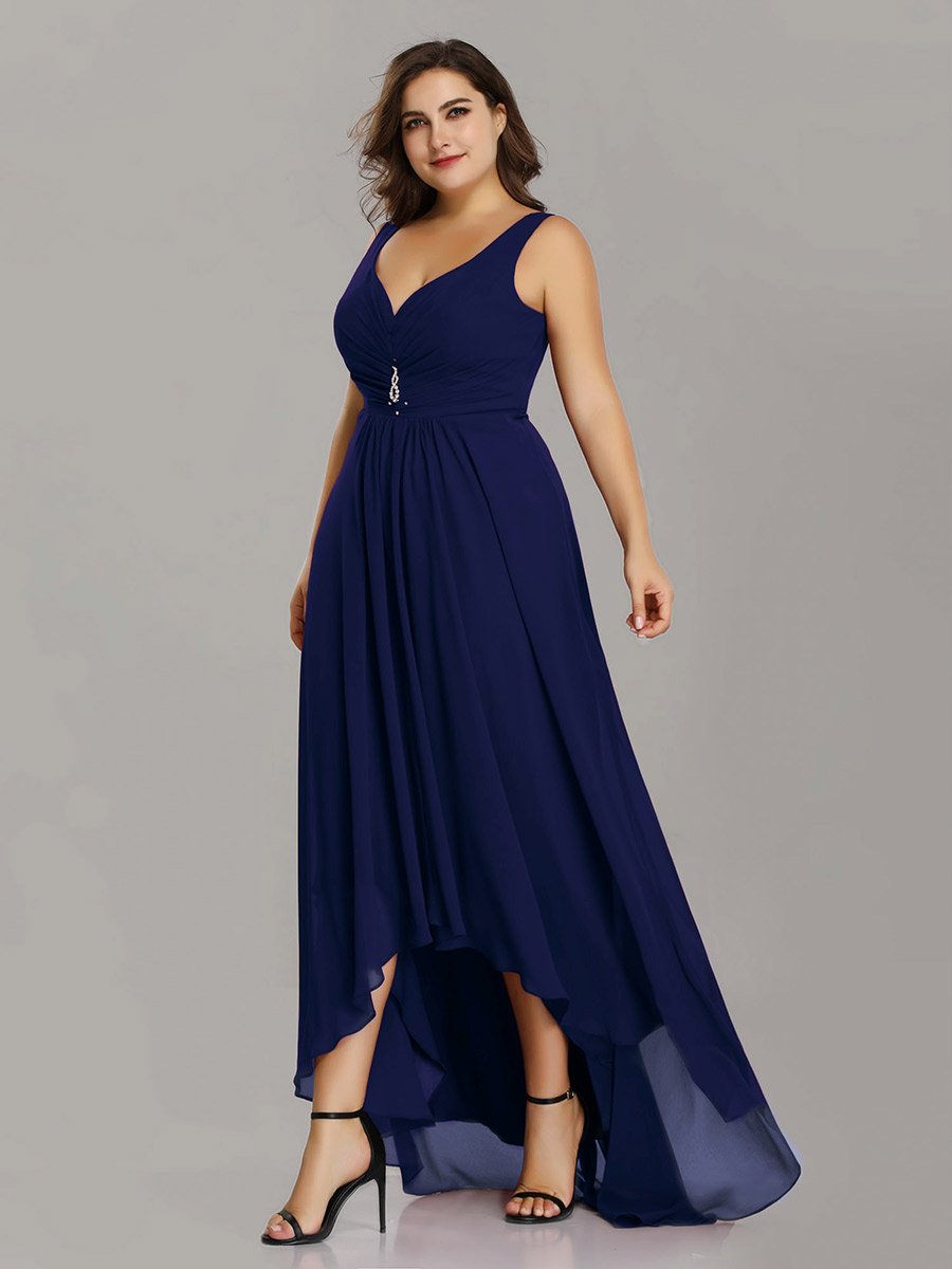 Color=Navy Blue | E4Wholesale Plus Size Double V Neck Rhinestones Ruched Bust High Low Evening Dresses Ep09983-Navy Blue 3