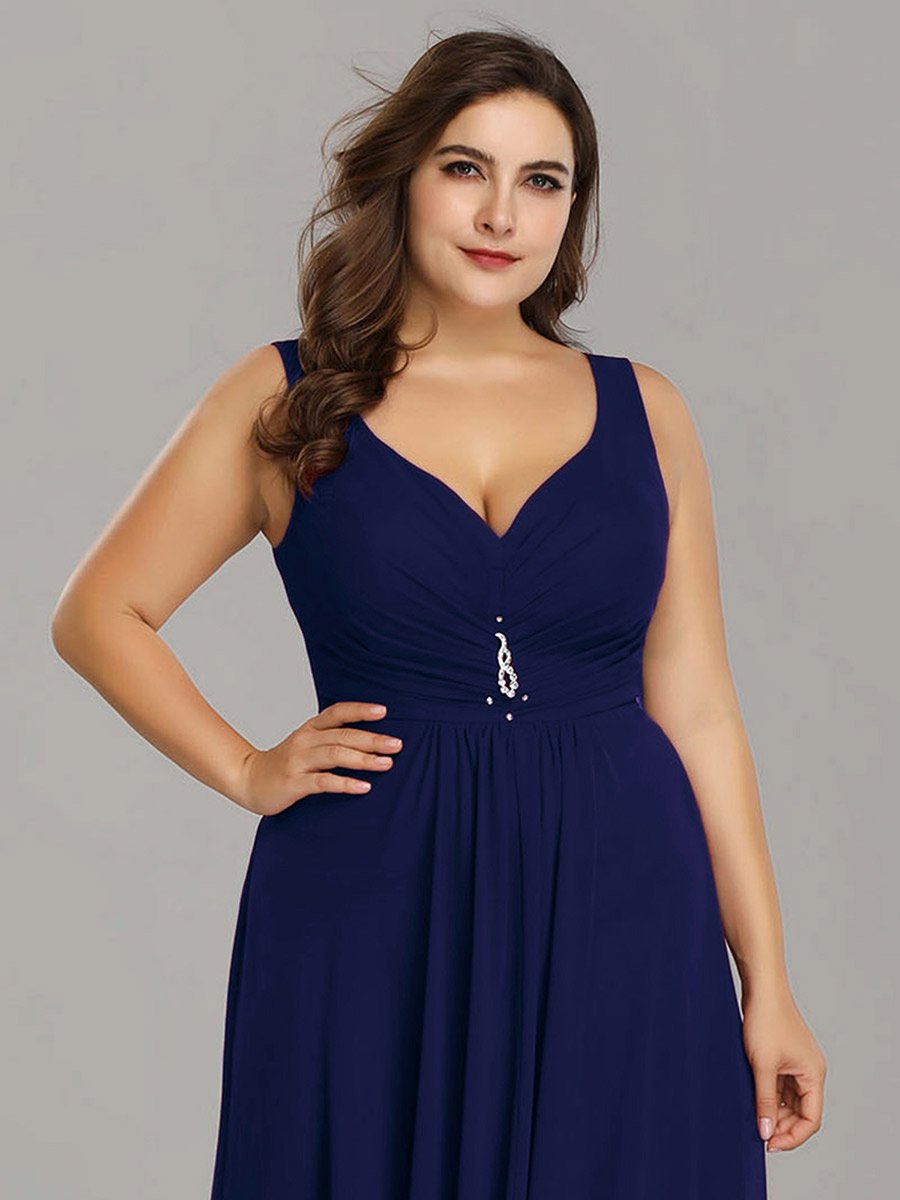 Color=Navy Blue | E4Wholesale Plus Size Double V Neck Rhinestones Ruched Bust High Low Evening Dresses Ep09983-Navy Blue 5