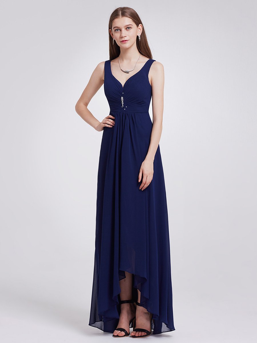 Color=Navy Blue | E4Wholesale Double V Neck Rhinestones Ruched Bust High Low Evening Dresses Ep09983-Navy Blue 3