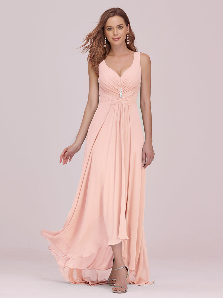 Color=Pink | Double V Neck Rhinestones Ruched Bust High Low Evening Dresses-Pink 1