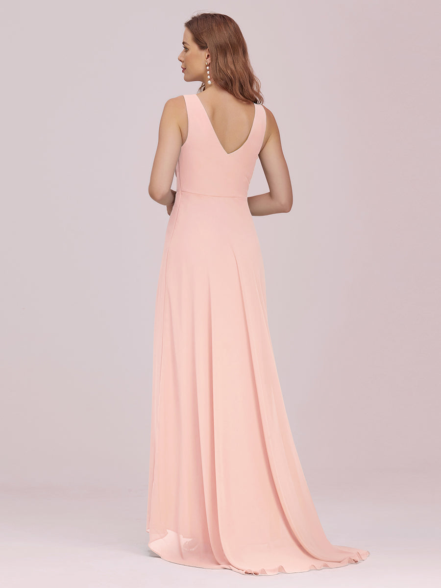Color=Pink | Double V Neck Rhinestones Ruched Bust High Low Evening Dresses-Pink 2