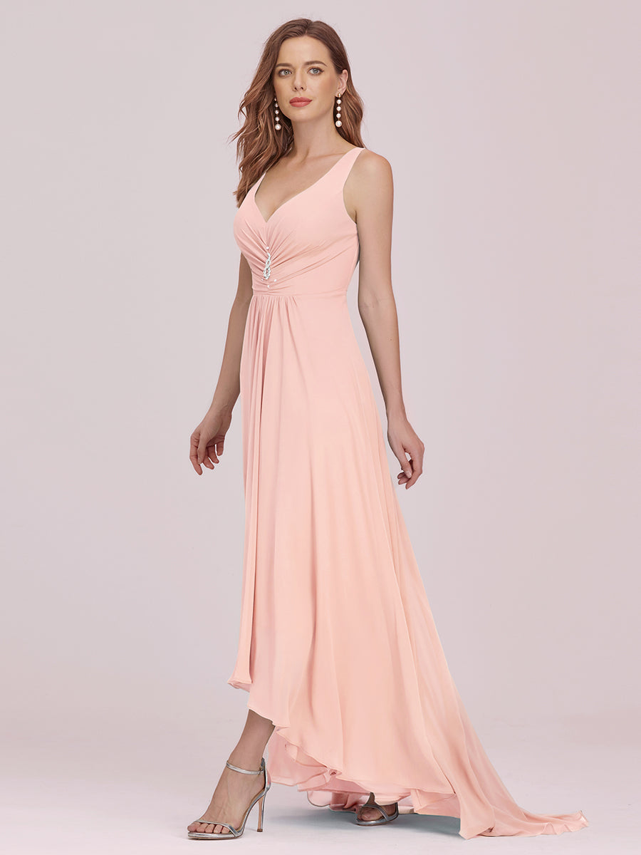 Color=Pink | Double V Neck Rhinestones Ruched Bust High Low Evening Dresses-Pink 3